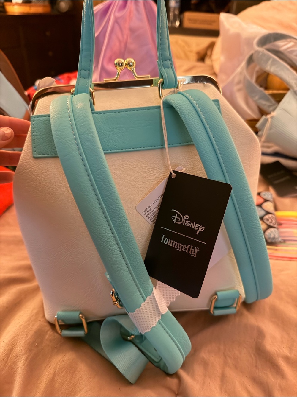 Loungefly White Cinderella Gus & Jaq Kiss-Lock Mini Backpack with Teal Accents - Picture 2 of 2